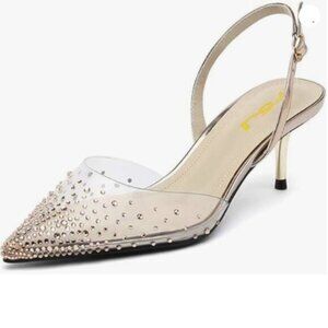 FSJ Women Crystal Studded Clear Pumps Sparkle Rhinestones Mid Low Heels Moccasin